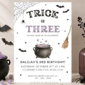 Editable Trick Or Three Third Birthday Invitation Template Printable Halloween Spooky Party Boo Day Downloadable Digital Invite | Trick01