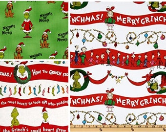 Grinch cotton fabric / Dr. Seuss / Christmas Holiday / Sewing Quilting / Face Mask Fabric DIY Craft