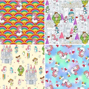 May include: A digital paper pack with four different patterns featuring unicorns, rainbows, castles, and hearts. The patterns are in a variety of colors, including pink, blue, yellow, green, and white.