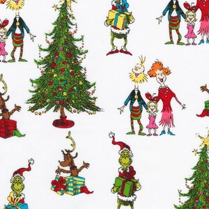May include: A white background with a repeating pattern of Christmas trees, reindeer, and the Grinch and his family. The Grinch is wearing a Santa hat and holding a green gift. The Grinch's family is wearing red and green clothing. The reindeer is brown and has antlers. The Christmas trees are green and decorated with red and gold ornaments.
