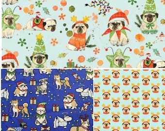 Bah Hum Pug Fabric Pug Cotton Fabric / Christmas Dog Print / Couture Quilting / DIY Craft / Face Mask Fabric