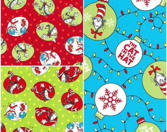 Dr. Seuss Christmas Cotton Fabric / Cat in the Hat Thing 1 and Thing 2 / Santa / Sewing Quilting / Face Mask Fabric / DIY Craft