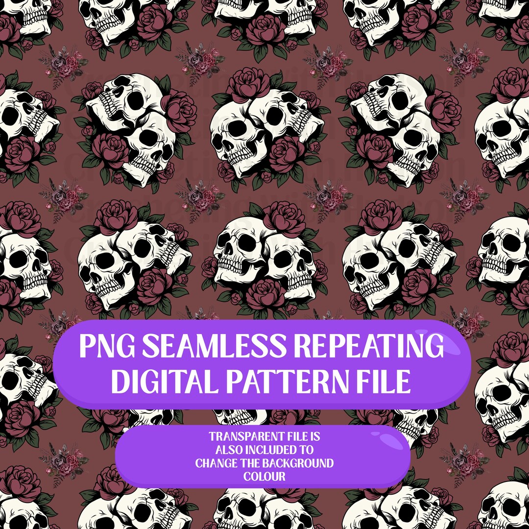Seamless Repeating Digital Skull Roses Pattern Design, PNG, Transparent ...