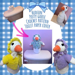 Könnte beinhalten: Häkelanleitung für eine Toilettenpapierabdeckung in Form einer Gans. Das Bild zeigt mehrere Beispiele des fertigen Produkts, jedes mit einem weißen Körper, einem orangefarbenen Schnabel und einer Haube oder Jacke in verschiedenen Farben. Der Text auf dem Bild lautet "Hudson Potty Goose Crochet Pattern Toilet Paper Cover."