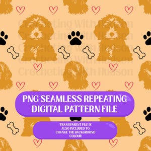May include: A seamless digital pattern featuring repeating illustrations of a dog, paw prints, hearts, and bones on a light orange background. The text "PNG SEAMLESS REPEATING DIGITAL PATTERN FILE" is displayed in a purple banner.