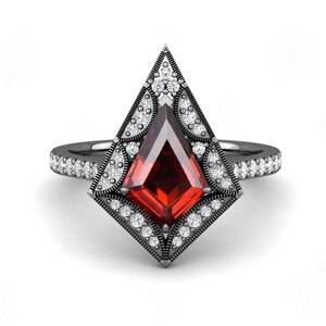 Natural Red Garnet Gemstone Black Rhodium Moissanite Anniversary Bridal Ring Unique 14K Black Gold Art Deco Women&#39;s Engagement Ring For Her