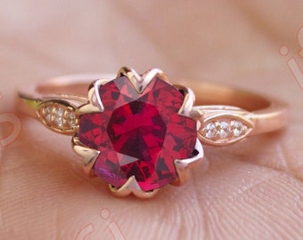 Round Red Garnet 14K Rose Gold Plated 925 Silver Engagement Ring For Her Solitaire Casual Wear Anniversary Birthday Graduation Gift