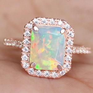 Octagon Ethiopian Opal 14K Rose Gold Plated 925 Silver Halo Engagement Wedding Bridal Statement Promise Ring For Her Birthday Gift