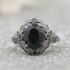 AAA Natural Black Onyx Bridal Ring for Woman, Vintage Art deco Unique Black Stone Ring for Gift, 925 Silver Black Rhodium Ring for Her Gift