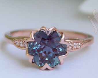 Art Deco Alexandrite Engagement Ring, 14k White Gold Lotus Ring