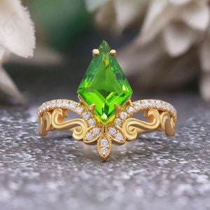 Kite Shape Peridot 14K Yellow Gold Plated 925 Silver Engagement Wedding Bridal Art Deco Ring For Her 14K Gold Green Gemstone Ring