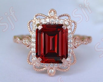 Octagon Natural Red Garnet Filigree Art Deco 14K Rose Gold Plated 925 Silver Engagement Vintage Ring For Her Anniversary Birthday Gift