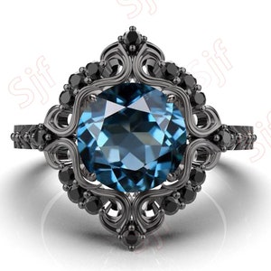Art Deco Unique Filigree Round Natural London Blue Topaz 14K Rose Gold Engagement Wedding Ring Black Gold 925 Silver Ring For Her
