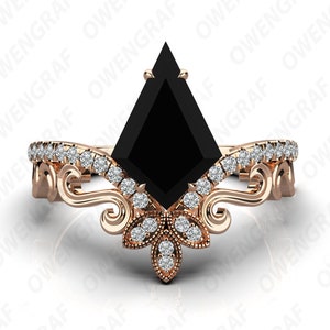 Unique Kite Natural Black Onyx 14K Rose Gold Plated 925 Silver Engagement Wedding Bridal Art Deco Ring For Her 14K Gold Black Gemstone Ring