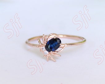 Blue Sapphire Spider Ring, 14K Rose Gold, Birthday Gift