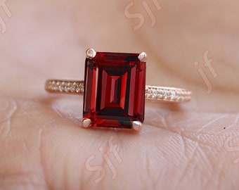 Octagon Natural Red Garnet Gemstone 14K Rose Gold 925 Silver Engagement Wedding Bridal Ring For Her Statement Promise Pave Shank Gift