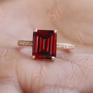 Octagon Natural Red Garnet Gemstone 14K Rose Gold 925 Silver Engagement Wedding Bridal Ring For Her Statement Promise Pave Shank Gift image 1