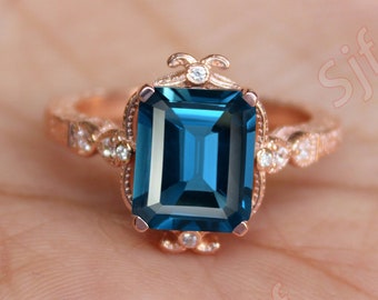 London Blue Topaz Ring, 14K Rose Gold Plated Silver Filigree