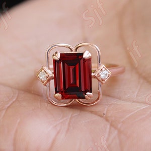 3.70 ct aaa quality red garnet & diamond women engagement ring * solitaire ring * ring for wife * Emerald Cut Garnet Gold Ring, Ring For Her