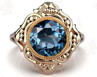 Art Deco Unique Filigree Round Natural London Blue Topaz 14K Rose Gold Plated Engagement Wedding Ring Black Gold 925 Silver Ring For Her