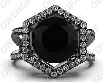 Round Shape Black Onyx Black Gold Ring, 14K Black Gold Ring, Moissanite halo Black Gold Ring, 925 Silver Black Rhodium Ring, Gift for Woman