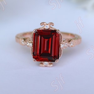 Natural Octagon Red Garnet 14K Rose Gold Plated Art Deco Engagement Vintage Filigree Ring For Her Birthday Anniversary Graduation Gift
