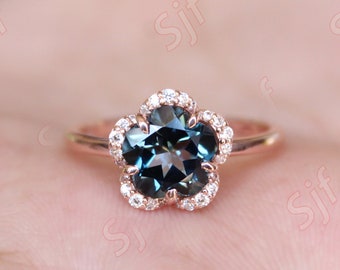 Beautiful Fancy Flower Natural London Blue Topaz Wedding Gold Ring, Women&#39;s Gold Jewelry For Gift, Halo Ring, Solitaire Ring, Diamond Ring