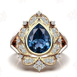9X7mm AAA Natural London Blue Topaz 14K Rose Gold Plated 925 Silver Engagement Wedding Gold Ring 14K 18K Solid Gold Pear Topaz Rings For Her