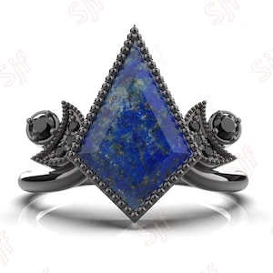 Unique Kite Natural Lapis Lazuli Black Rhodium 925 Silver Engagement Wedding Bridal Art Deco Crescent Ring 14K Gold Lapis Gemstone Ring