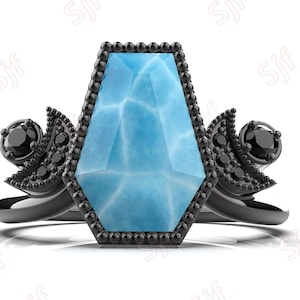 10X7 mm Coffin Natural AAA Larimar Black Rhodium 925 Silver Engagement Wedding Bridal Art Deco Crescent Ring 14K Gold Larimar Gemstone Ring