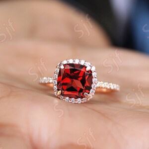 2.75 ct aaa quality red garnet & diamond women engagement ring * solitaire ring * ring for wife * Cushion Cut Garnet Gold Ring, Ring For Her