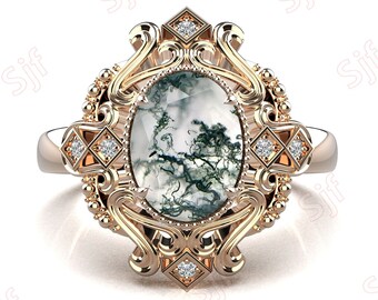 Oval Moss Agate Engagement Ring, 14K Rose Gold Plated Silver