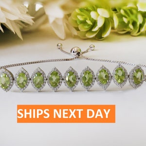 Natural Peridot Bracelet, Oval 6x4mm Peridot Slider Bracelet With Bolo Lock,925 Silver Ready To Ship Halo Bracelet,Mother&#39;s day Special Gift
