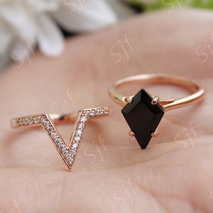 3.20 ct AAA natural black onyx kite gemstone & diamond band woman solitaire ring* ring for her * gift for wife*valentine gift * promise ring