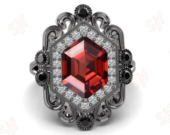 Vintage Art deco 10X7 MM Hexagon Natural Red Garnet Black Rhodium 925 Silver Engagement Ring, 14K Solid Gold Wedding Black Spinal Ring