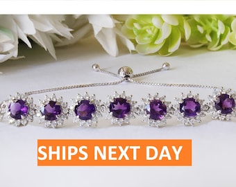 Amethist schuifarmband, gebloemde halo, sterlingzilveren bolo-armband