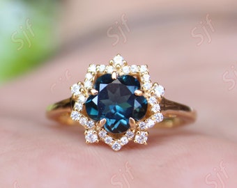 Beautiful Flower Fancy Natural London Blue Topaz Wedding Gold Ring, Gold Engagement Ring For Her, Halo Ring, Fancy Stone Ring, Diamond Ring