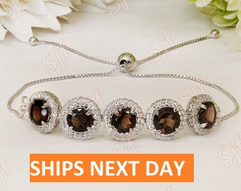 Smokey Quartz Bolo Bracelet, Sterling Silver, White Moissanite Accents