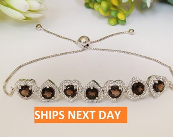 Smokey Quartz Bolo Bracelet, Sterling Silver Heart, Adjustable Slider