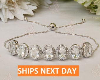 White Topaz Halo Bracelet, 925 Sterling Silver Bolo Bracelet