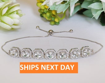 White Topaz Bolo Bracelet, Halo 925 Sterling Silver Adjustable Slider