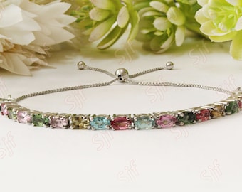 Multi-toermalijn zilveren bolo-armband, verstelbare edelsteenschuifregelaar