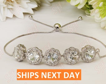 White Topaz Halo Bracelet, Sterling Silver Floral Slider, Adjustable