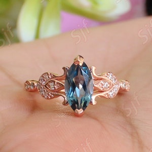 Marquise Shaped Natural London Blue Topaz Gold Wedding Ring, Gold Engagement Ring For Her, Marquise Blue Topaz, Diamond Gold Ring For Wife