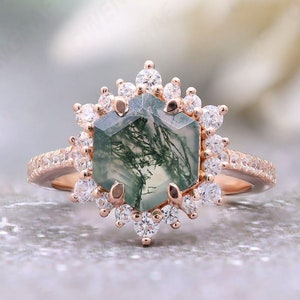 Natural Hexagon Moss Agate 925 Silver 14K Rose Gold Plated Engagement Wedding Ready To ship Anniversary Birthday Halo Gift Ring For Her