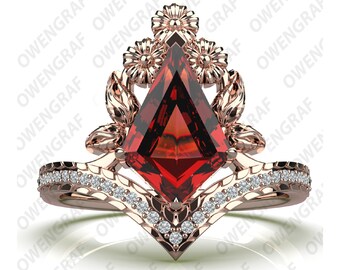 AAA Red Garnet Kite Shape Wedding Gold Ring, Vintage Art deco Flower Ring, Nature Inspired Gold Ring, Kite Shape Ring, Gift for Woman, Wife