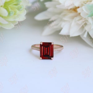 Octagon Natural Red Garnet Gemstone 14K Rose Gold 925 Silver Engagement Wedding Bridal Ring For Her Statement Promise Pave Shank Gift image 7