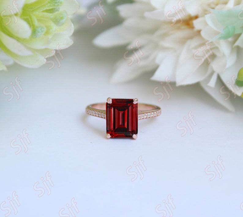 Octagon Natural Red Garnet Gemstone 14K Rose Gold 925 Silver Engagement Wedding Bridal Ring For Her Statement Promise Pave Shank Gift image 7