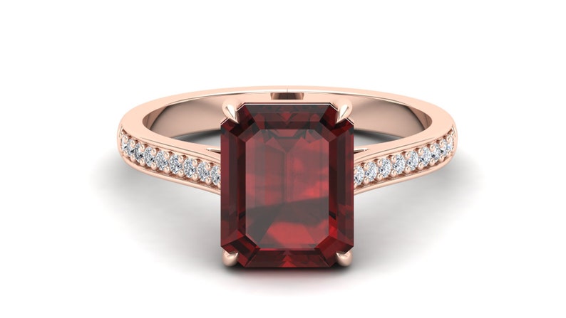 Octagon Natural Red Garnet Gemstone 14K Rose Gold 925 Silver Engagement Wedding Bridal Ring For Her Statement Promise Pave Shank Gift image 10