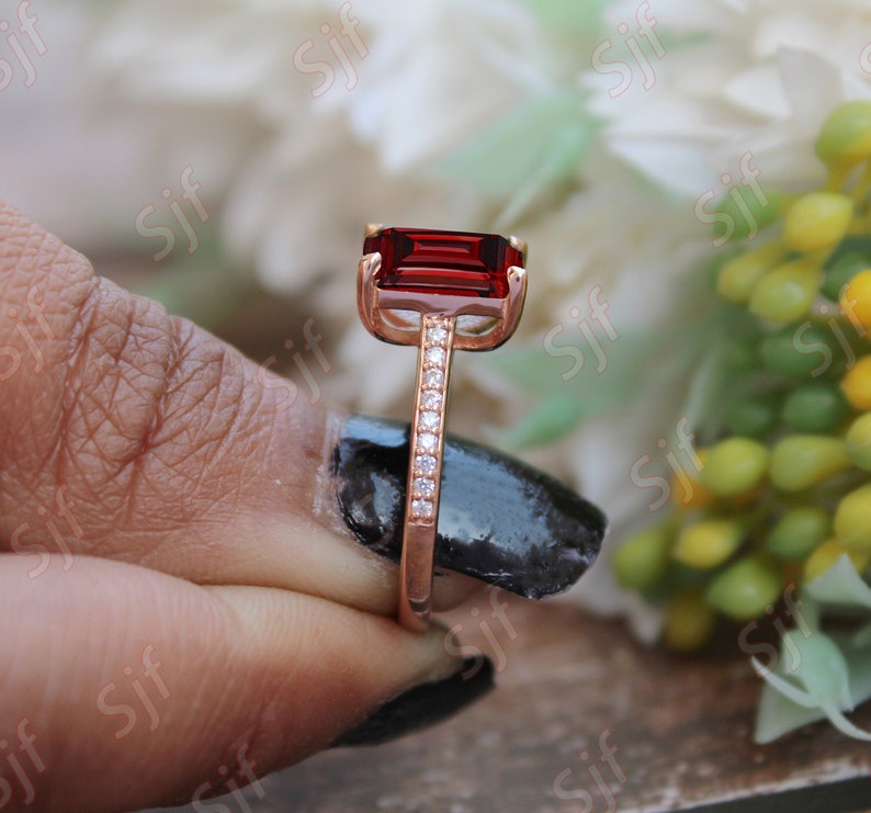 Octagon Natural Red Garnet Gemstone 14K Rose Gold 925 Silver Engagement Wedding Bridal Ring For Her Statement Promise Pave Shank Gift image 5